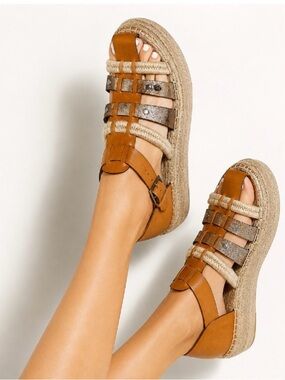 Tory Burch Fisherman Sz 7.5 Platform Espadrilles Leather Silver/Brandy Sandals